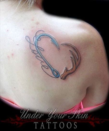 Love - Hook Tattoo On Girl Right Back Shoulder