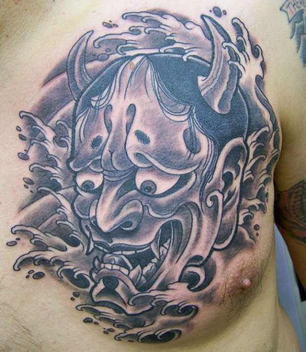 Man Chest Grey Ink Hannya Tattoo
