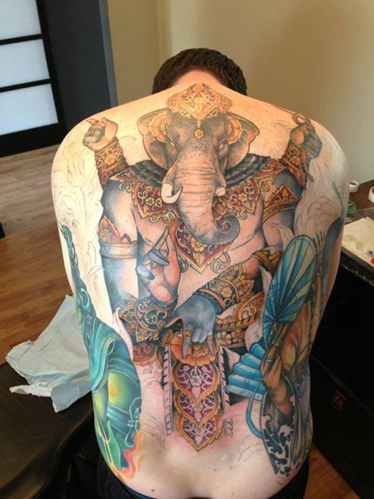 Man Full Back Color Ink Ganesha Tattoo For Men