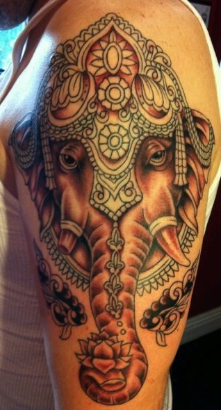Man Left Half Sleeve Color Ink Ganesha Head Tattoo