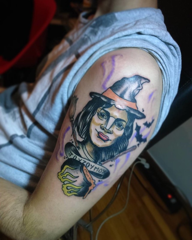 Man Left Half Sleeve Colored Witch Tattoo