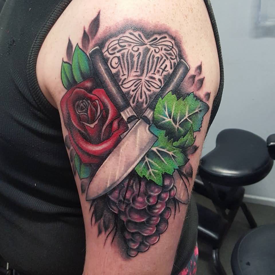 Memorial Grapes With Rose And Knife Tattoo Design For Shoulder