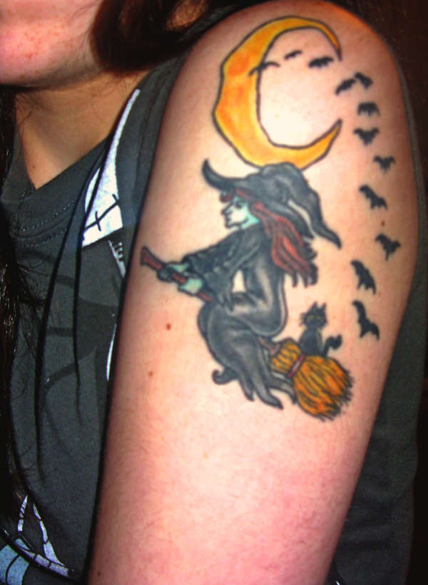 Moon And Witch Tattoo On Left Shoulder