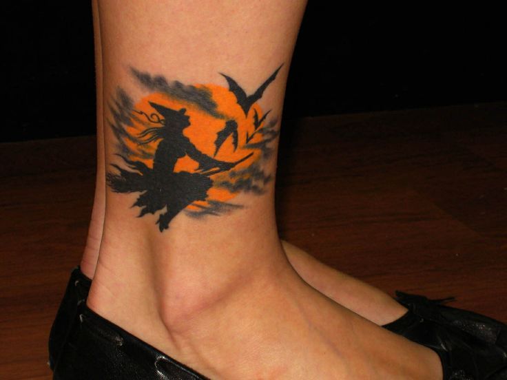 Moonlight With Bats Witch Flying Tattoo On Leg