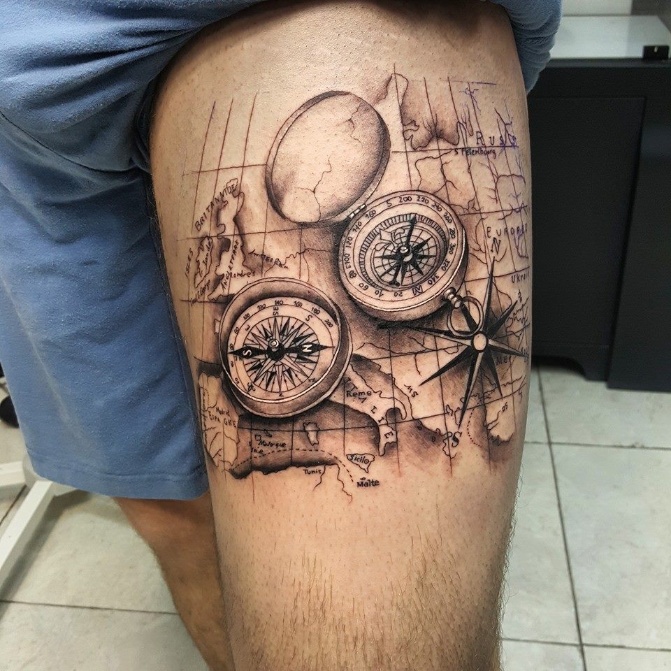 Nautical Compass Tattoo On Left Thigh by David Torres