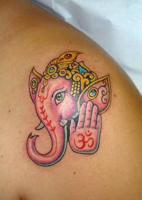 Nice Color Ink Ganesha Tattoo On Left Shoulder