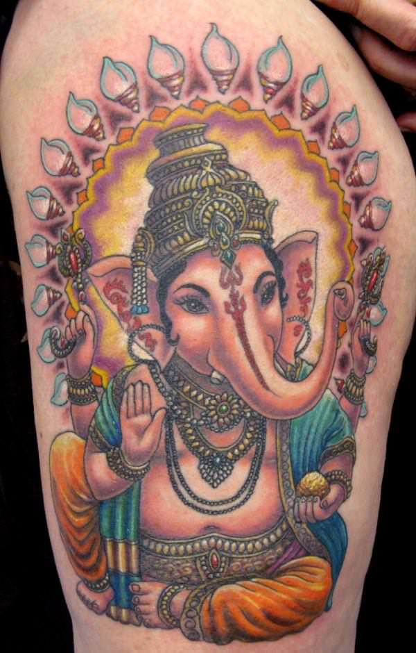 Nice Color Ink Ganesha Tattoo On Side Thigh
