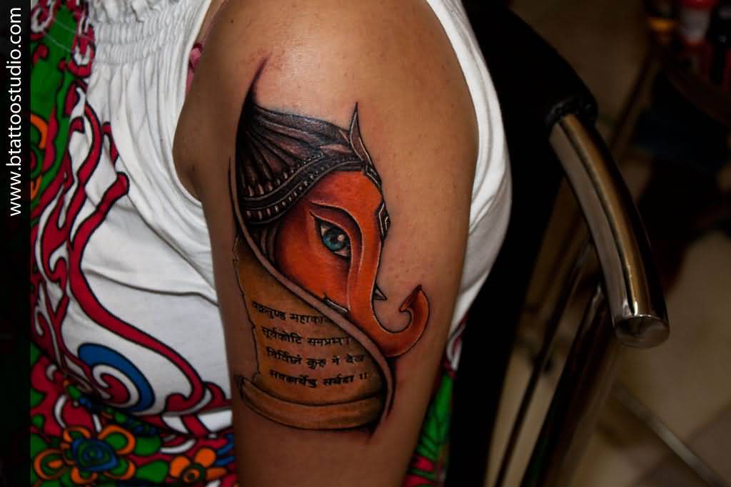 Nice Ganesha Head Tattoo On Left Shoulder
