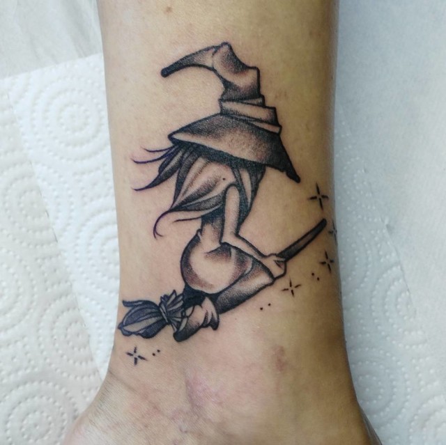 Nice Grey Ink Witch Tattoo On Leg