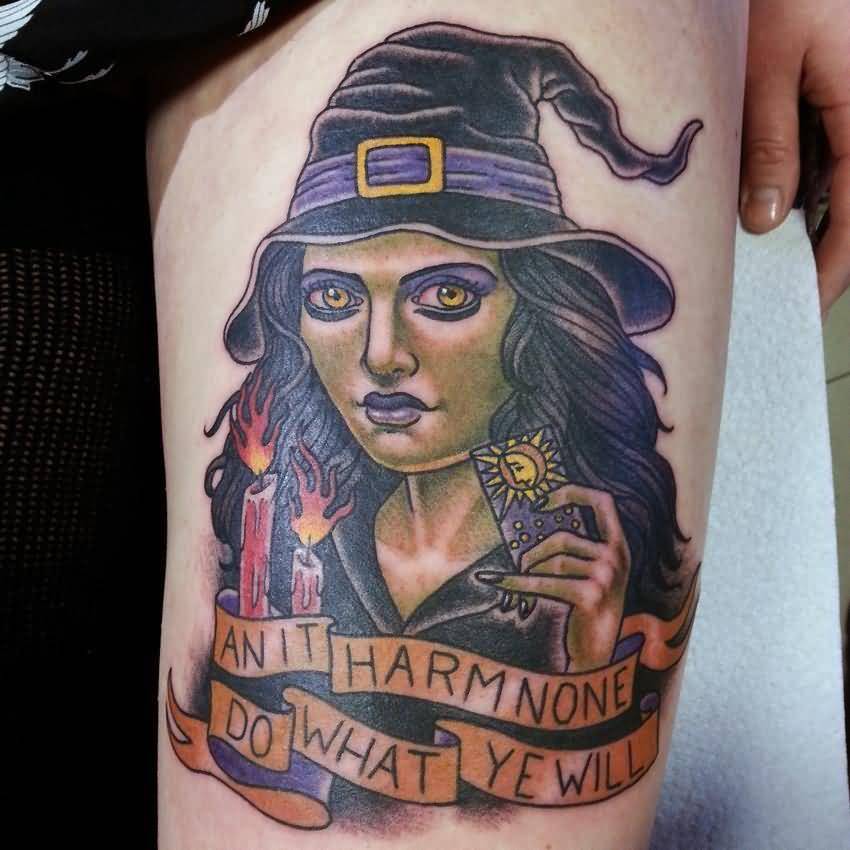 Nice Witch Girl Tattoo On Left Thigh