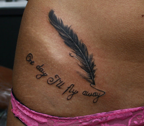 One Day I'll Fly Away - Black Ink Feather Tattoo On Right Hip