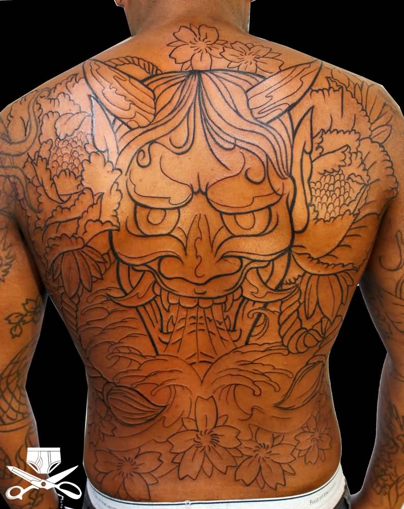 Outline Flowers and Hannya Tattoo On Full Back