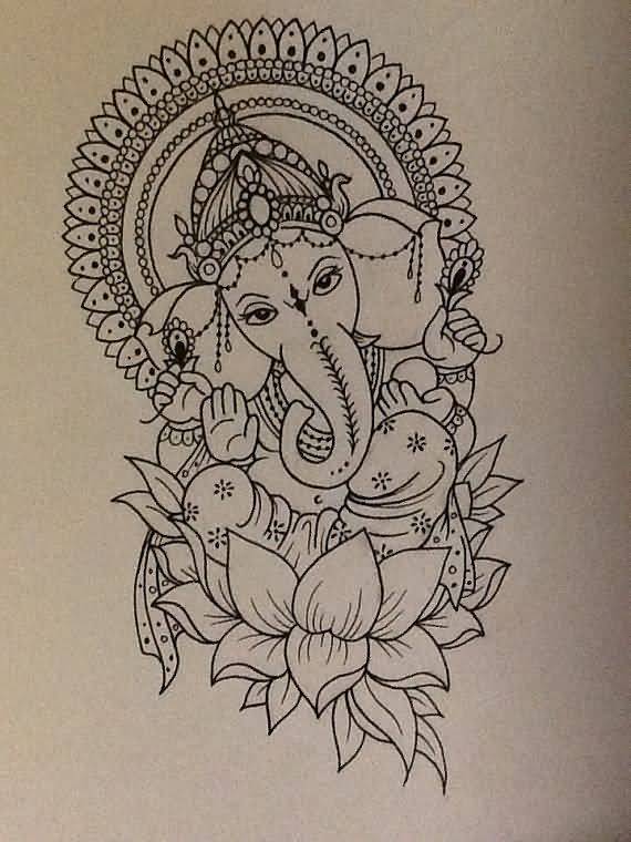 Outline Ganesha On Lotus Tattoo Design