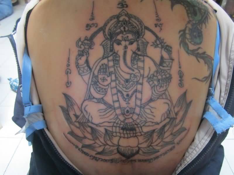 Outline Ganesha Tattoo On Upper Back