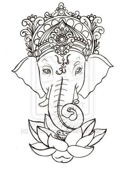 Outline Lotus Flower And Ganesha Tattoo Design