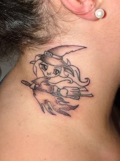 Outline Witch Tattoo On Side Neck