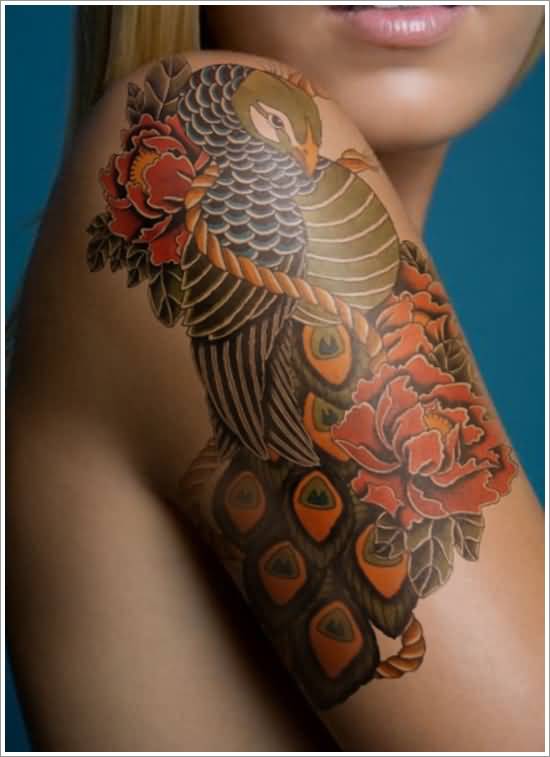 Peacock With Peony Flowers Tattoo On Girl Right Shoulder