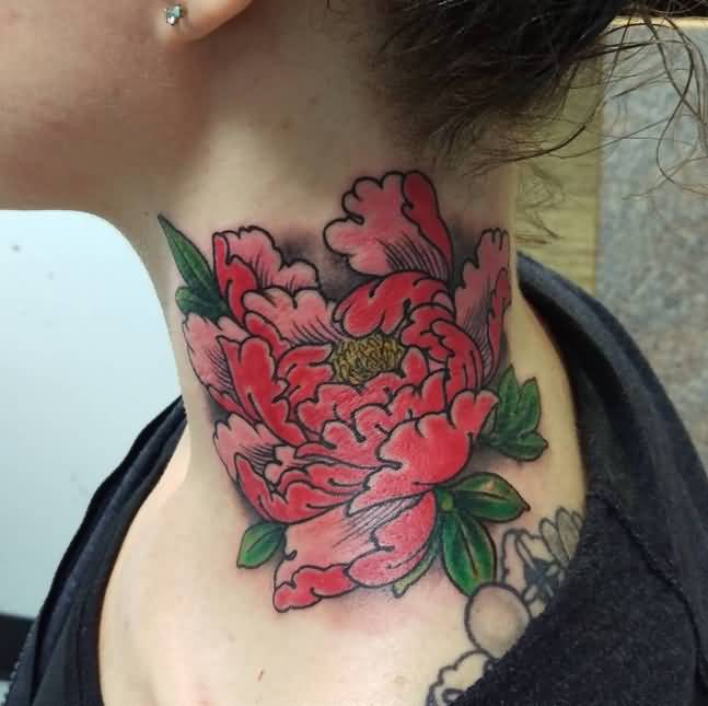 Peony Flower Tattoo On Left Side Neck