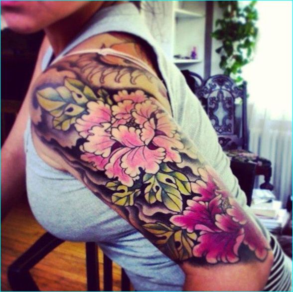Peony Flowers Tattoo On Girl Left Half Sleeve