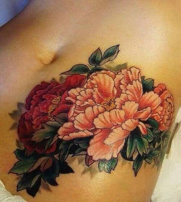 Peony Flowers Tattoo On Girl Stomach