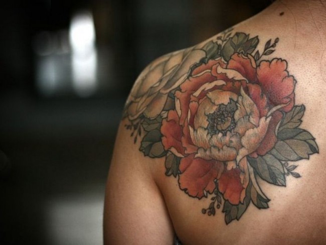 Peony Flowers Tattoo On Left Back Shoulder