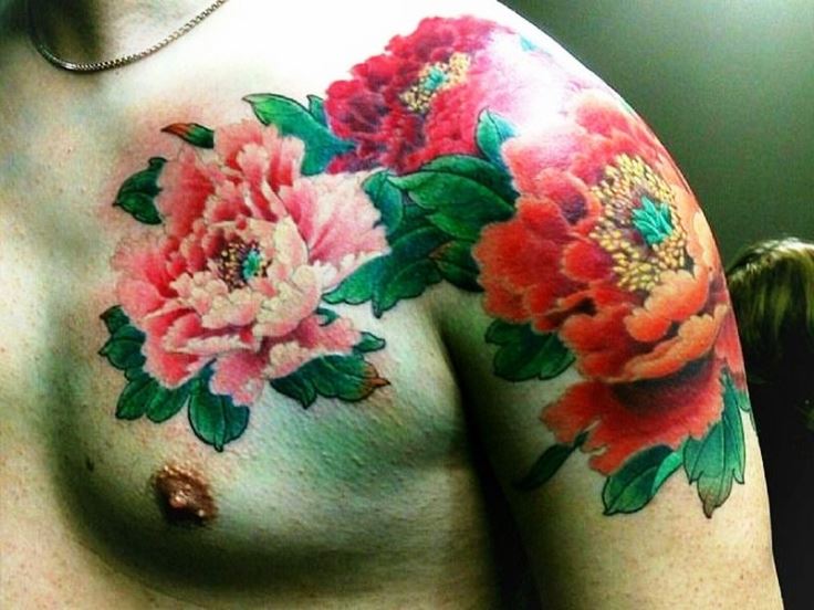 Peony Flowers Tattoo On Man Left Shoulder