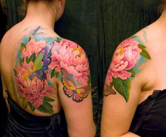 Peony Flowers With Butterflies Tattoo On Girl Right Back Shoulder