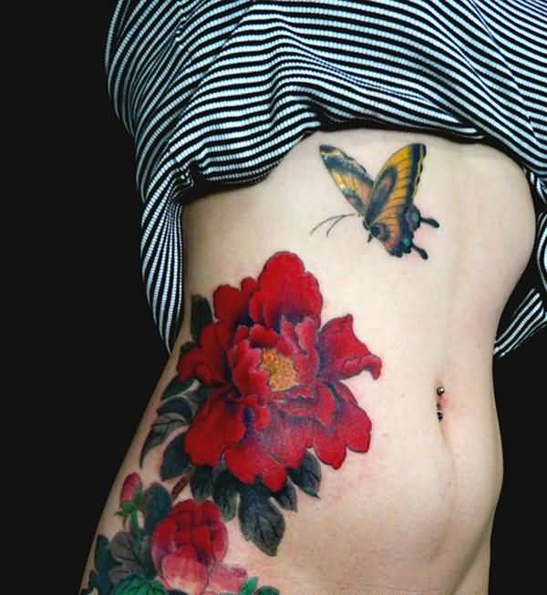 Peony Flowers With Butterfly Tattoo On Girl Right Side Rib