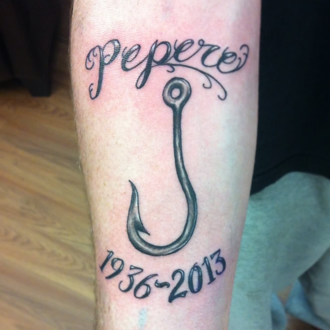 Pepere - Memorial Black Ink Hook Tattoo Design For Forearm