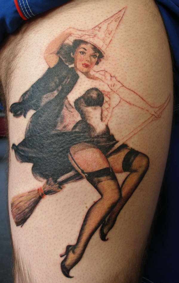 Pin Up Flying Witch Tattoo On Leg