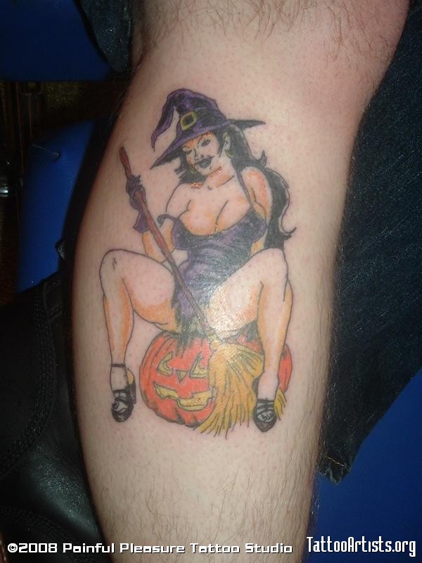 Pin Up Witch Tattoo On Leg Calf
