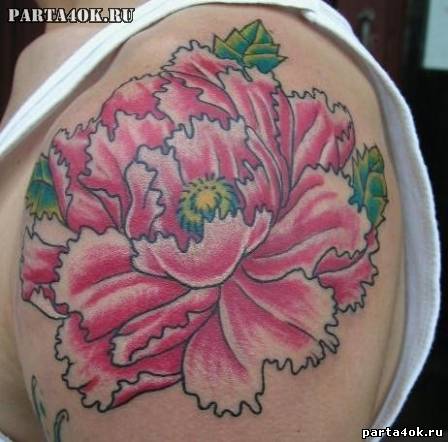 Pink Ink Peony Flower Tattoo On Left Shoulder