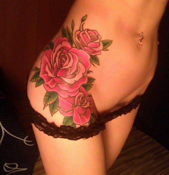 Pink Ink Roses Tattoo On Girl Right Hip