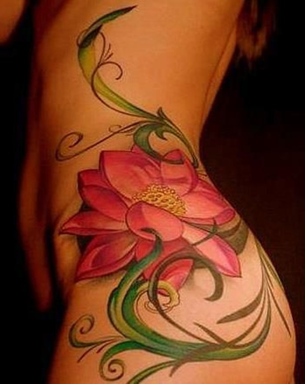 Pink Lotus Flower Tattoo On Girl Left Hip
