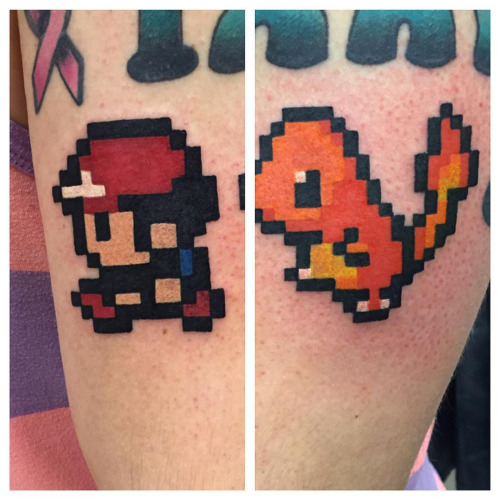 Pixel Charmander And Mario Tattoo Design