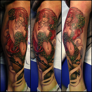 Poison Ivy And Harley Quinn Tattoo On Leg