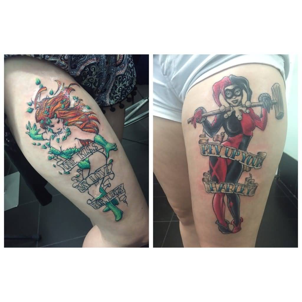 Poison Ivy And Harley Quinn Tattoo On Thigh
