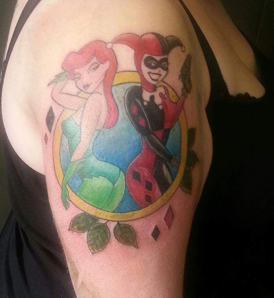 Poison Ivy With Harley Quinn Tattoo On Girl Right Shoulder