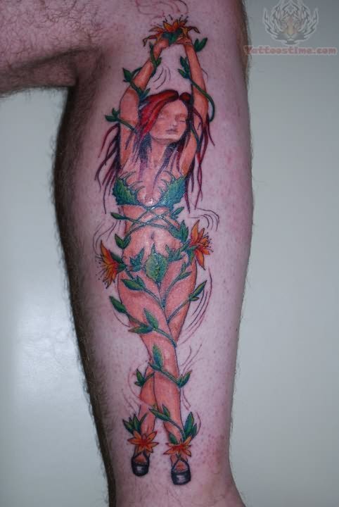 Poison Ivy With Plant Tattoo On Leg