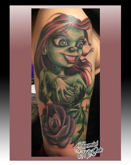Poison Ivy With Rose Tattoo On Girl Right Half Sleeve