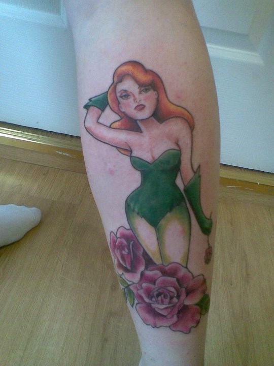 Poison Ivy With Roses Tattoo On Right Leg By Elly