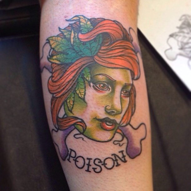 Poison - Traditional Poison Ivy Head Tattoo Design For Leg
