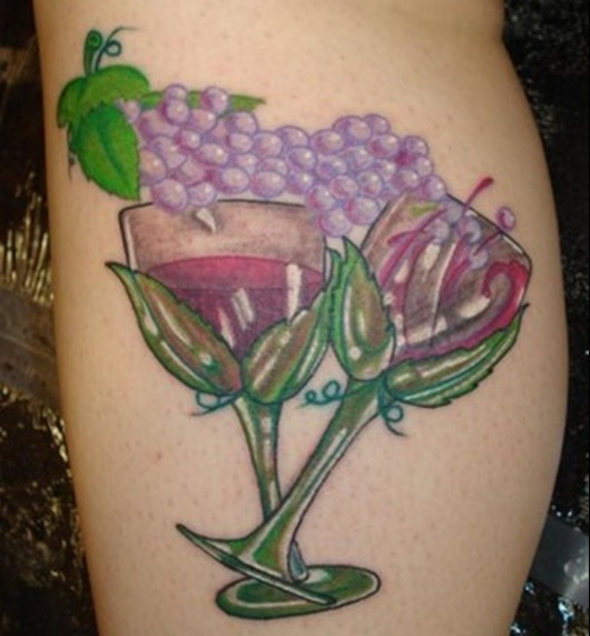 Purple Grapes With Wine Glasses Tattoo Design For Leg Calf
