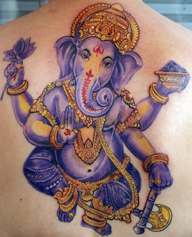 Purple Ink Ganesha Tattoo On Upper Back
