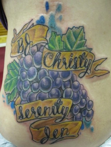Purple Ink Grapes With Banner Tattoo Design For Side Rib