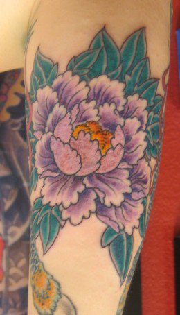 Purple Ink Peony Flower Tattoo Design For Sleeve