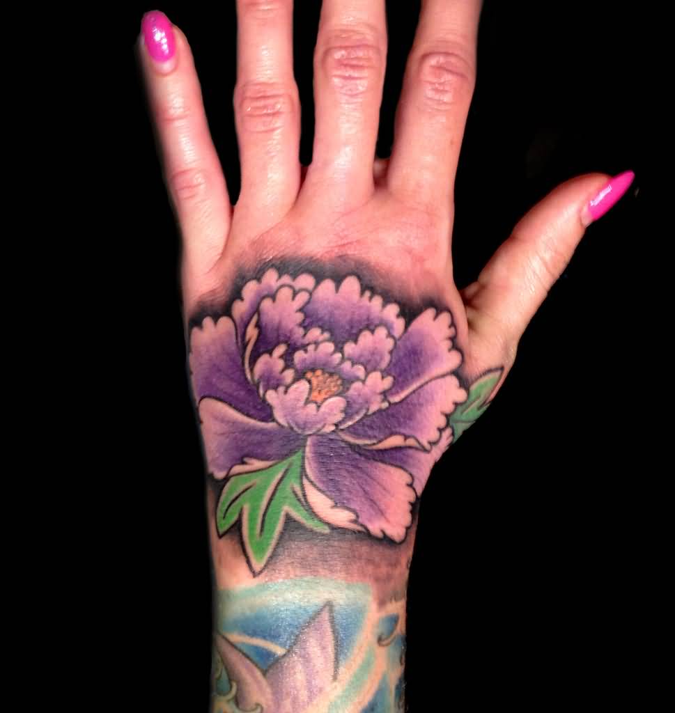 Purple Ink Peony Flower Tattoo On Girl Left Hand
