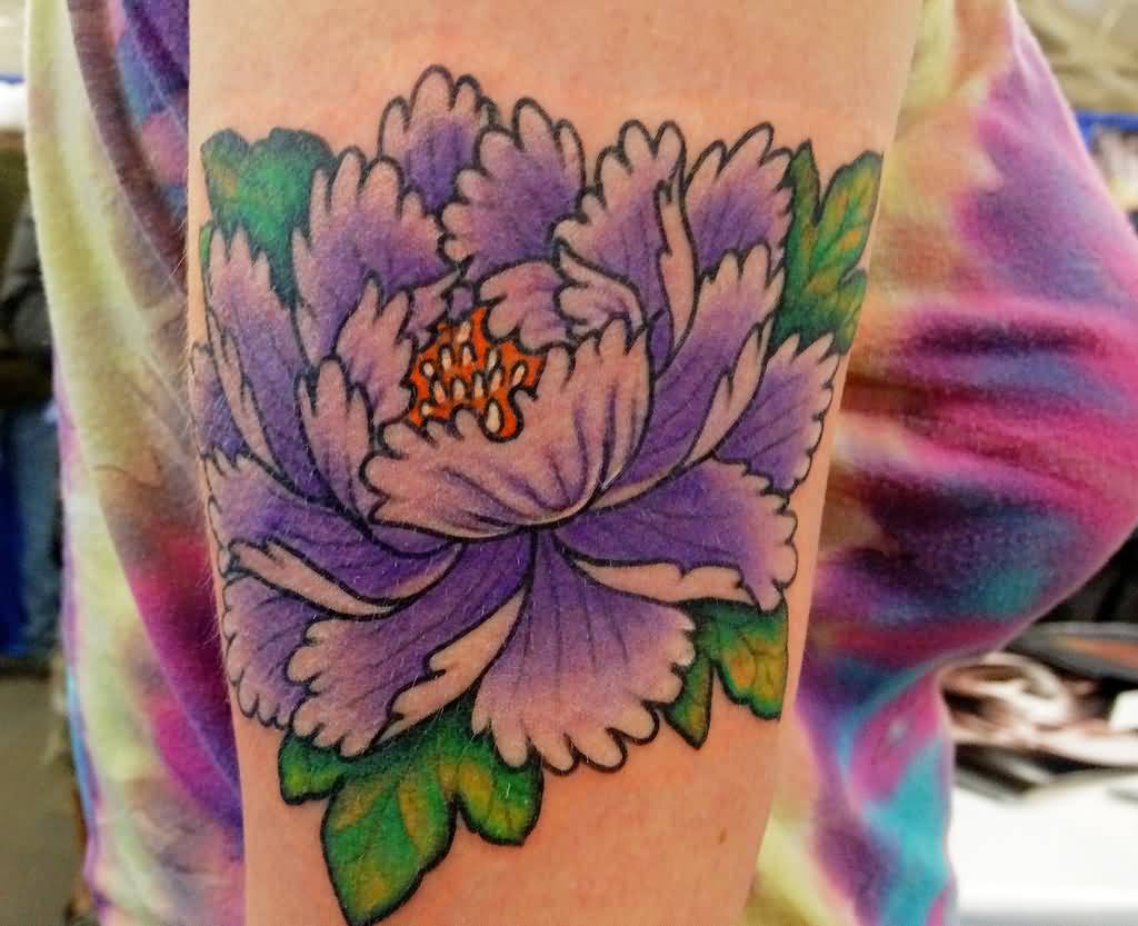 Purple Ink Peony Flower Tattoo On Right Half Sleeve