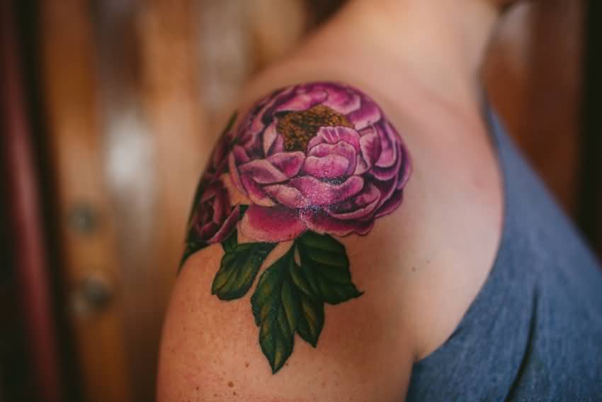 Purple Ink Peony Flowers Tattoo On Right Shoulder