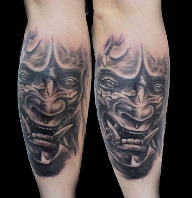 Realistic Hannya Mask Tattoo On Leg
